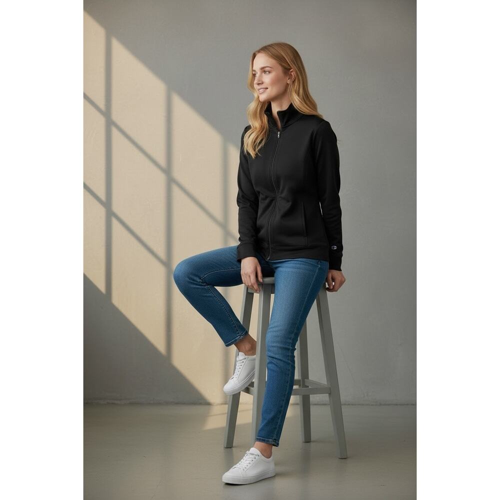 Champion Duo Dry Black Full Zip Up Jacket Large Mock Neck Athletic Track Coat L - Picture 5 of 9